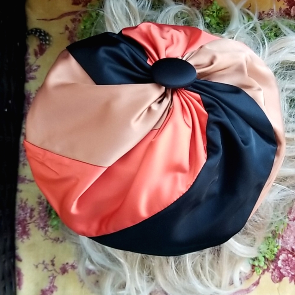 60's GENE DORIS Groovy Satin Pinwheel Organge Black Silky City Beret Artist Hat - Picture 5 of 12
